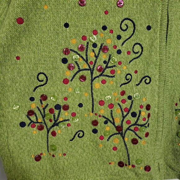 Breckenridge Womens Cardigan Sweater Medium Green Full Zip Embellished Fall Tree - Picture 5 of 10